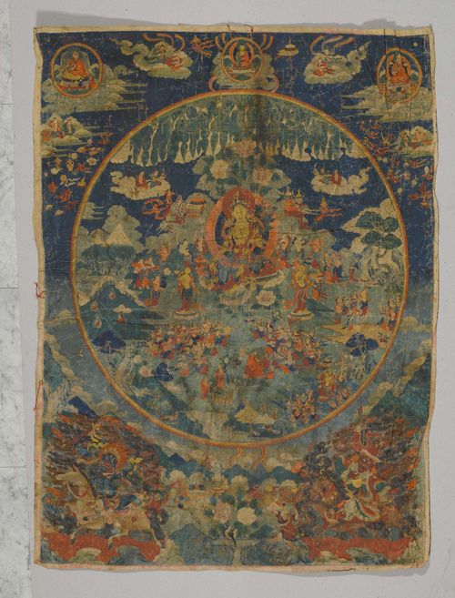 TANGKA OF TARA PARADISE.Tibet, 19th c. 90x69 cm. Wrinkled.