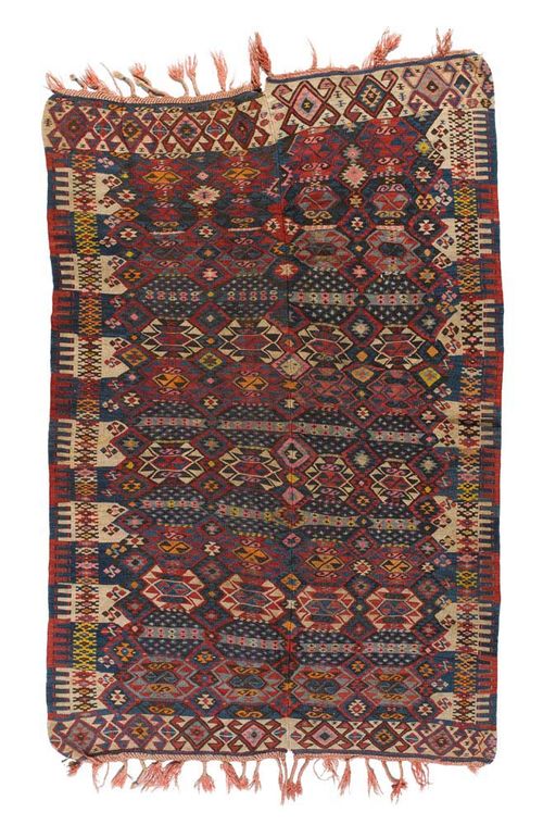 KARABAGH KILIM antique.Horizontally patterned central field with colourful geometric figures, light border, good condition, 240x153 cm