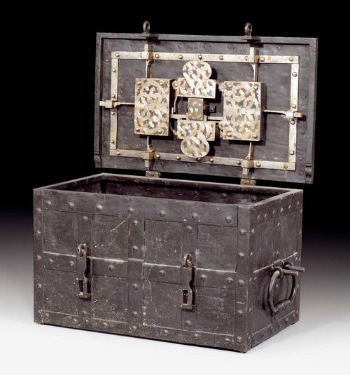 IRON COFFER,Renaissance, German circa 1700. Wrought iron. Finely engraved lock and bands. 77x45x45 cm. Provenance: Château de Vincy, West Switzerland.