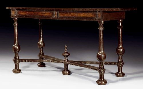 WALNUT CONSOLE TABLE,Early Baroque, Northern Italy circa 1650. With two drawers at the front. 150x62x84 cm. Provenance: Private collection, Lugano.