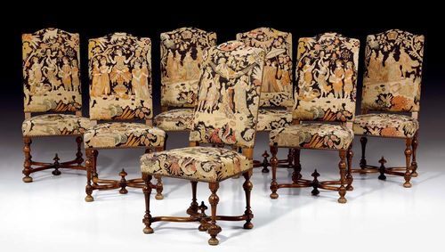 SET OF 7 WALNUT CHAIRS WITH TAPESTRY COVERS,late Louis XIII, France, 19th century The fine tapestry covers with bright figures and animals on dark ground.  52x44x40x108 cm. Provenance: -  "Dom Pedro"auction Galerie Koller Zurich on 10.3.1983 (Lot No. 8). - Private collection, Lugano. A fine suite with very well preserved tapestry covers.