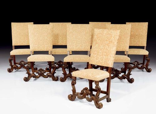SET OF 8 CARVED WALNUT CHAIRS,Early Baroque, Venice, 18th century With beige floral and foliate fabric covers. 54x38x51x114 cm. Provenance: - private collection, Geneva. - Galerie Koller Zurich on 8.12.2000 (Lot No. 1482). - Private collection, Lugano. A fine suite in very good restored condition