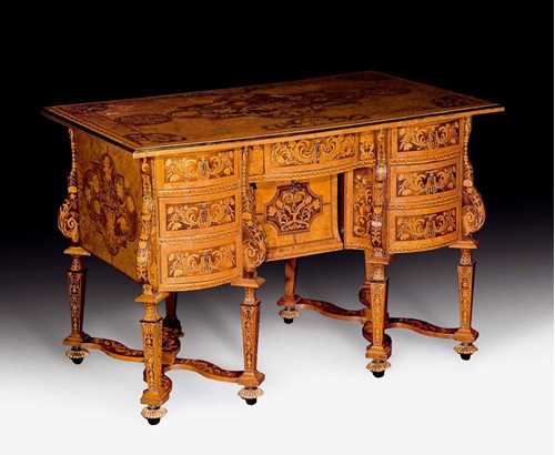 BUREAU MAZARIN,Louis XIV, by T. HACHE (Thomas Hache, 1721 "Ebéniste et Garde des Meubles de Monseigneur le Duc d'Orléans"), Paris circa 1710. Walnut, burlwood and various fruitwoods in veneer and very finely inlaid with flowers, leaves, cartouches, rocaille, bands and frieze. The top edged in brass. The architectural style front with central drawer and flanked by 3 drawers each side. Bronze mounts. 116x69x80 cm. Provenance: from a Paris collection.