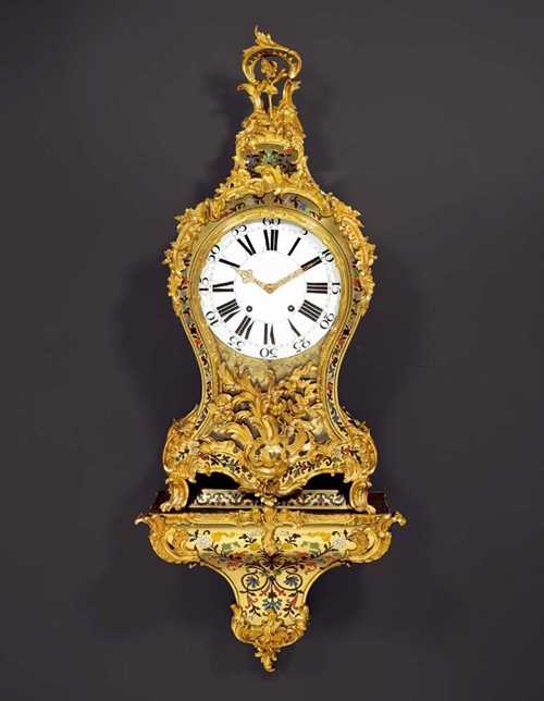 BOULLE CLOCK WITH CARILLON,Louis XV, Neuenburg circa 1750/60. Brass and dyed tortoiseshell finely inlaid in "contre-partie" with flowers, leaves and cartouches. The shaped case with cartouche atop on tapering plinth. The clock with enamel dial and verge escapement with 4/4 striking on 2 bells. Repeater. Musical movement with 10 bells and 6 melodies striking on the hour. 97x21x132 cm. Provenance: Swiss private collection.