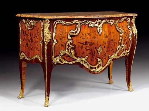 CHEST OF DRAWERS "A FLEURS",Louis XV, by J. DUBOIS (Jacques Dubois, maitre 1742), guild stamp, the bronzes with "c couronné" Paris circa 1745. Tulipwood, rosewood and precious woods in veneer and finely inlaid on all sides in "bois de bout" with flowers, leaves and frieze. The shaped carcase with salient front angles, the centrally bombé front with 2 sans traverse drawers and exceptionally rich matte and polished gilt bronze mounts, applications and sabots. The veneer restored and replaced in parts.  131x60x90 cm. Provenance: Château de Vincy, West Switzerland. A perfect example of an important salon chest of drawers from the Louis XV period.