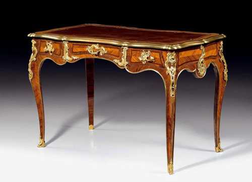 SMALL BUREAU-PLAT,Louis XV, attributed to J. DUBOIS (Jacques Dubois, maitre 1742), Paris circa 1745. Purpleheart and rosewood veneer inlaid with diamond motifs, reserves and fillets. The richly shaped top lined with brown leather and edged in bronze, with broad central drawer flanked by 1 drawer each side and the same but sham arrangement verso. With exceptionally fine matte and polished gilt bronze mounts, applications and sabots. 128x68x88.5 cm. Provenance: -  J.P. Morgan collection, USA. - George Lurcy collection, USA. - Parke-Bernet Galleries auction New York on  9.11.1957 (Lot No. 359). - Elisabeth Parke Firestone collection, USA. - Christie's New York on 23.3.1991 (Lot No. 923). - Christie's New York on 2.11.2000 (Lot No. 213). - Château de Vincy, West Switzerland. A highly important bureau plat of notable quality and elegance. It is one of a group of small desks by J. Dubois, of which several are known. Illustrated in: G. Janneau, Le petits meubles, Paris 1977; plate XXI.