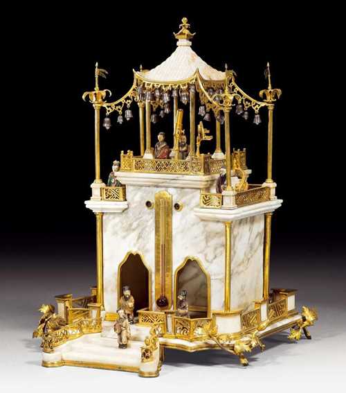 TABLE THERMOMETER "A LA PAGODE",George III, attributed to M. BOULTON (Matthew Boulton, Birmingham 1728-1809 London), England circa 1780/85. Matte and polished gilt bronze and white/grey marble, with figures of painted ivory. The pagoda-shaped case with columns at the angles and terrace with 4 figures, telescope and measuring instruments, set on a shaped plinth with further figures. The front with steps before facade with thermometer. 27x29x38 cm Provenance: from a very important European private collection An exceptionally rare item.