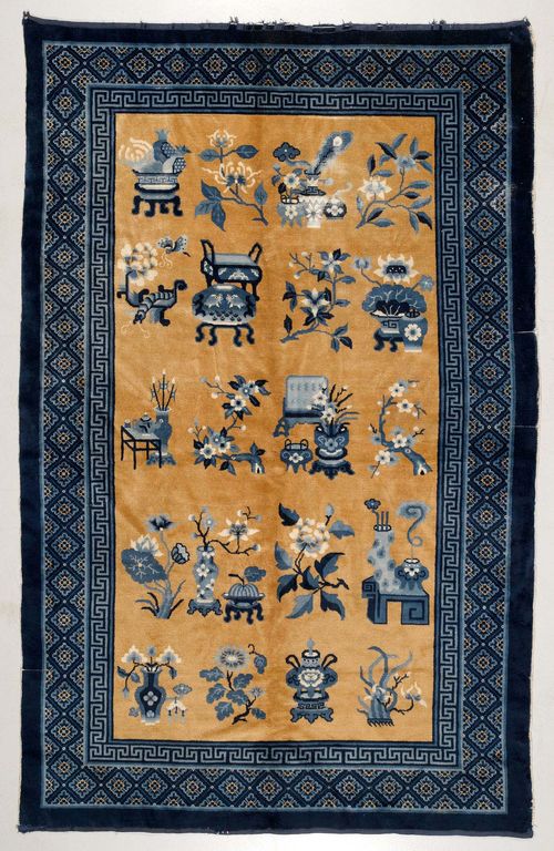 NINGXIA antique.Beige central field patterned throughout with vases in blue, triple stepped border, signs of wear, 148x240 cm.