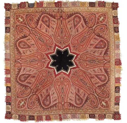 OTTOMAN EMBROIDERY antique.Star-shaped central medallion in black, framed by boteh motifs in shades of red and pink, stepped border with trailing flowers and floral cartouches, good condition, 190x190 cm.