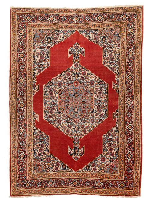 TABRIZ antique.White ground with a red and white central medallion, the entire carpet is finely patterned with stylised trailing flowers, red border, slight wear, 120x170 cm.