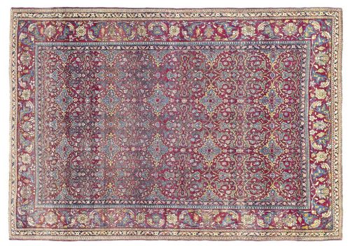 TEHRAN antique. Red central field patterned throughout with stylised trailing flowers, red border, strong signs of wear, 140x205 cm.