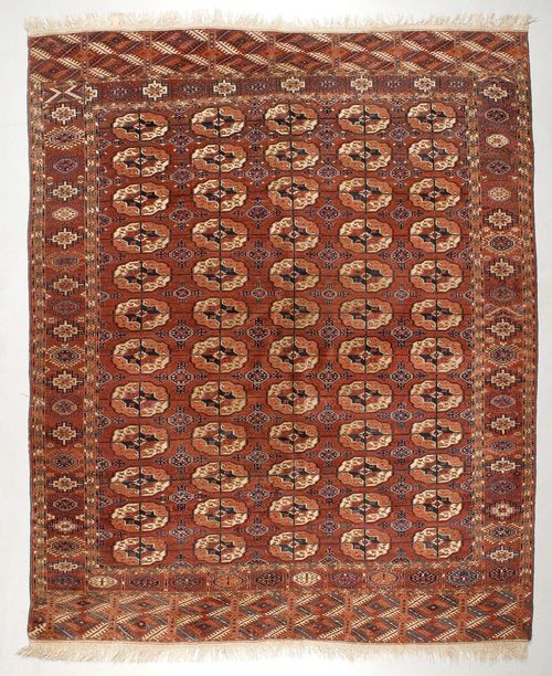 TEKKE BOCHARA old.Rust-red ground with five gul rows, slight wear, 200x285 cm.