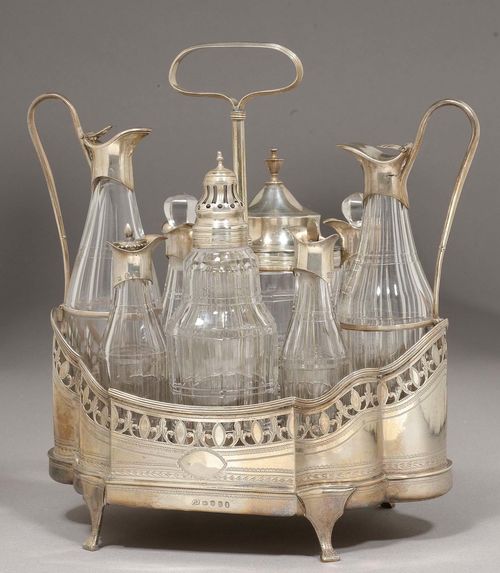 CRUET SET. London 1792.With maker's mark: L.P & Co and C.C. Stand with a small monogram. 8 cut glass cruets with silver. H: 25 cm.