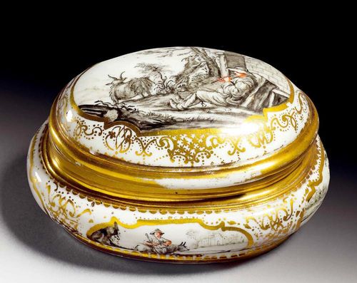 SUGAR BOWL WITH AUGSBURG HAUSMALER DECORATION, Meissen, circa 1724-30.Mould circa 1724. Probably painted by Sabina Aufenwerth in Schwarzlot and iron red. Painted on all sides with shepherding scenes in four shaped gold cartouches. D 12cm. The gilding on the edges and in the borders somewhat rubbed, two minor chips to the rim, the base of the bowl with star crack.