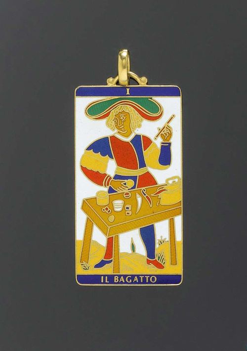 4 GOLD ENAMEL PENDANTS, ENRICO SERAFINI, Florence, 1960s. Yellow gold 750, 125g. Very decorative, solid pendant in the shape of 4 different polychrome enamelled Tarot cards: XVIIII-il sole, VIIII-l'eremita, VII-il carro, I-il bagatto. The back guilloche-decorated with wavy bands, unsigned. Each ca. 5.9 x 3.2 cm. Unsigned. For the biography of Enrico Serafini, see Catalogue No. 2035. From the collection of a castle in West Switzerland. Directly acquired from the artist.