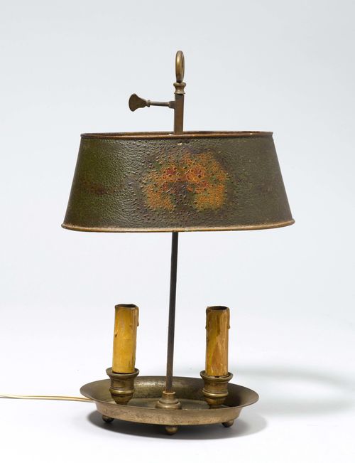 SMALL BOUILLOTTE LAMP,Louis XVI. Polychrome painted brass. Two candle holders, adjustable shade. H 41 cm.
