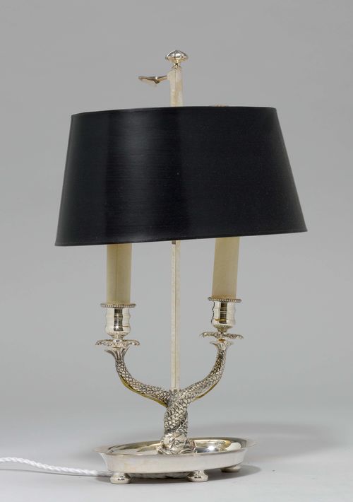 PAIR OF BOUILLOTTE LAMPS,in the Restoration style. Metal, painted silver. Two light branches designed as dolphins. Adjustable black leather shade. H 48 cm.