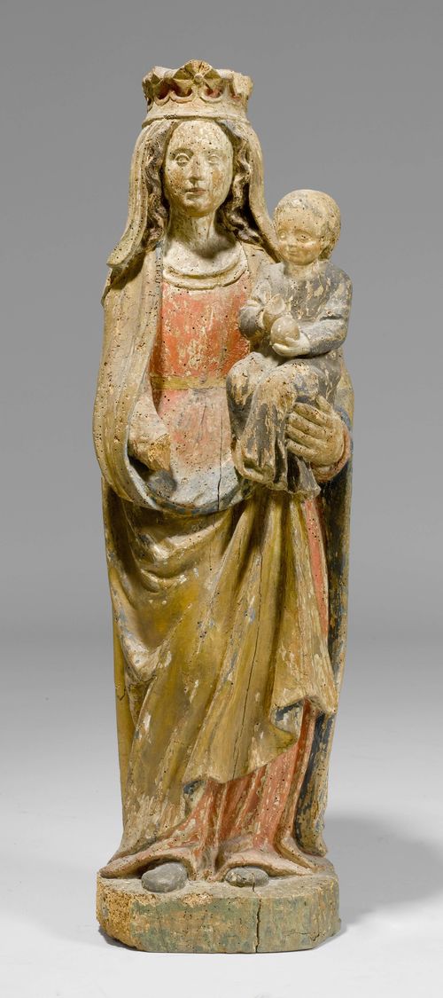 MARY AND CHILD,in the Gothic style, popular work, France, 17th/18th century. Wood, carved and with remains of paint. H 98 cm. Wormholes, losses, hand and feet of the child missing.