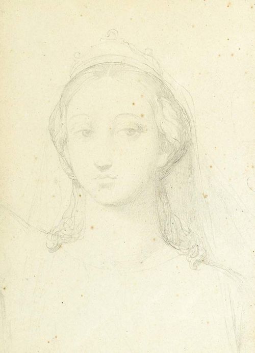 INGRES, JEAN-AUGUSTE-DOMINIQUE (Montauban 1780 - 1867 Paris), attributed.Study for a female portrait. Pencil on board. 13.9 x 10 cm. With old inscription verso on upper margin in pencil.: Ingres - pour l'album de Mde. baronin Tabuissier; inscribed lower right.: Ingres. Attributed on the back of the frame: Dessin d' Ingres. Framed. - Minor foxing. - Provenance: René de Cérenville, Geneva. Via inheritance to the current owner.