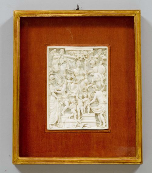 IVORY RELIEF,Historicism, beginning of the 20th century. Ivory, carved in half relief. Depiction of many Gods, the centre with Justitia on a throne. 15.5x11 cm. Small losses. Framed.