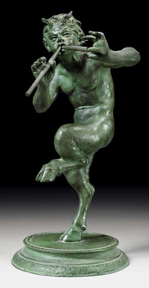 SCULPTURE OF A FAUN PLAYING A FLUTE,after the antique, probably  Italy, 19th century Bronze with green patina. H 24 cm. Provenance: Swiss private collection.