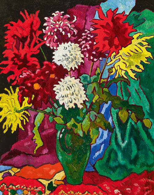 Dahlias, cruche verte.